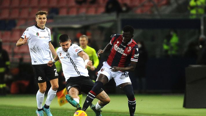 BOLOGNA, ITALY - FEBRUARY 21: Musa BArrow of Bologna FC ( R ) competes the ball with Dimirtios Nikolau of Spezia Calcio ( L ) during the Serie A match between Bologna FC and Spezia Calcio at Stadio Renato Dall'Ara on February 21, 2022 in Bologna, Italy. (Photo by Mario Carlini / Iguana Press/Getty Images) Gazzetta – Mihajlovic scuote Barrow - immagine 1