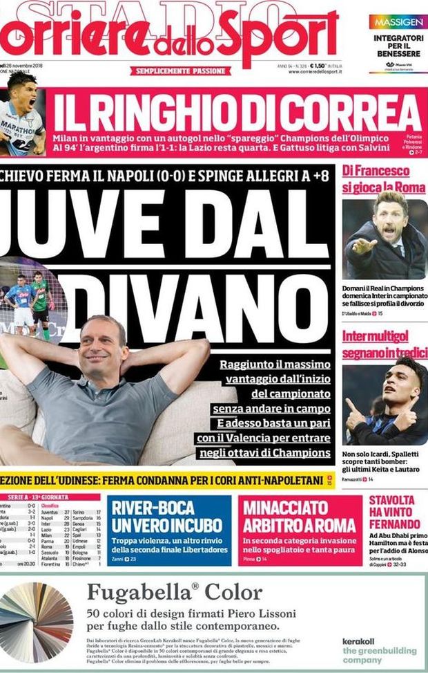 Prima Pagina, Corriere dello Sport: “Juve dal divano. Il ringhio di Correa. Inter multigol. River-Boca…” Prima Pagina, Corriere dello Sport: “Juve dal divano. Il ringhio di Correa. Inter multigol. River-Boca…”