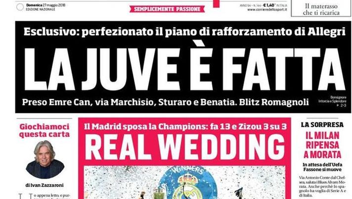 Prima Pagina, Corriere dello Sport: “Real Wedding. La Juve è fatta. Il Milan ripensa a Morata. Napoli, Carlo molto intimo…”  Prima Pagina, Corriere dello Sport: “Real Wedding. La Juve è fatta. Il Milan ripensa a Morata. Napoli, Carlo molto intimo…”