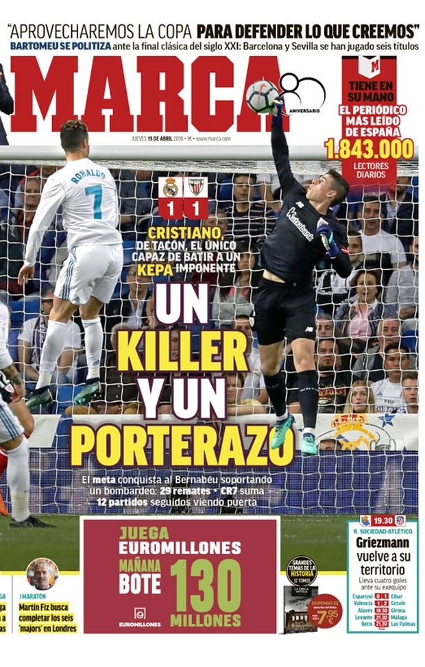 Prima Pagina, Marca: “Un killer e un portierone, segna Ronaldo di tacco. Bartomeu entra in politica: Vinceremo per i nostri ideali…” Prima Pagina, Marca: “Un killer e un portierone, segna Ronaldo di tacco. Bartomeu entra in politica: Vinceremo per i nostri ideali…”