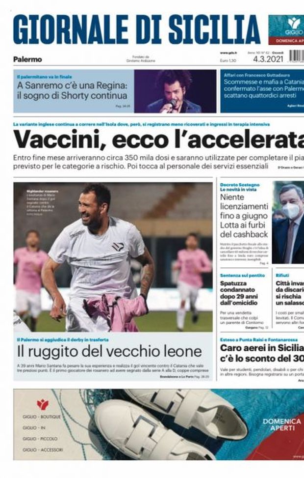 Prima Pagina, Giornale di Sicilia: &#8220;Vaccini, ecco l&#8217;accelerata. Palermo, il ruggito del vecchio leone&#8221; 