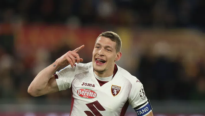 ROME, ITALY - JANUARY 05:  Andrea Belotti of Torino FC celebrates after scoring the team's second goal from penalty spot during the Serie A match between AS Roma and Torino FC at Stadio Olimpico on January 5, 2020 in Rome, Italy.  (Photo by Paolo Bruno/Getty Images)