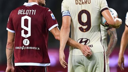 TURIN, ITALY - JULY 29:  Edin Dzeko of AS Roma salutes Andrea Belotti of AS Roma at the end of the Serie A match between Torino FC and  AS Roma at Stadio Olimpico di Torino on July 29, 2020 in Turin, Italy.  (Photo by Valerio Pennicino/Getty Images)
