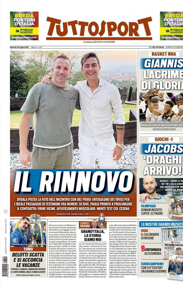 Prima Pagina, Tuttosport: “Il rinnovo. Dybala pronto a prolungare. Belotti scatta”  Prima Pagina, Tuttosport: “Il rinnovo. Dybala pronto a prolungare. Belotti scatta”