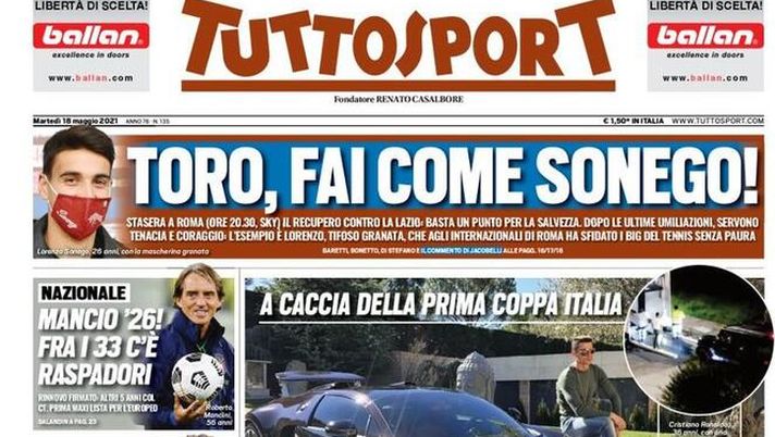 Prima Pagina, Tuttosport: “CR7 sgomma. Toro, fai come Sonego! Oaktree, Conte ter e giovani”  Prima Pagina, Tuttosport: “CR7 sgomma. Toro, fai come Sonego! Oaktree, Conte ter e giovani”