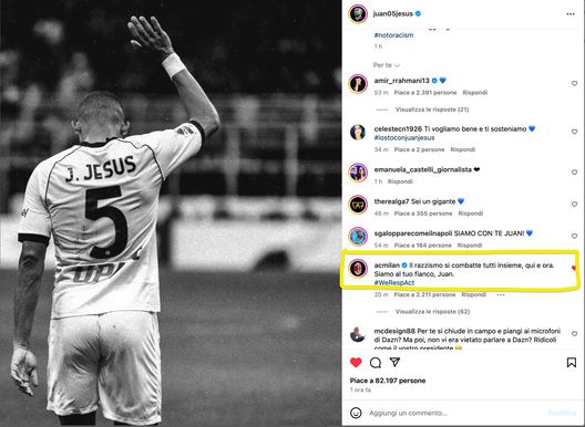 FOTO L’AC Milan commenta il post di Juan Jesus: “Siamo al tuo fianco”- immagine 2