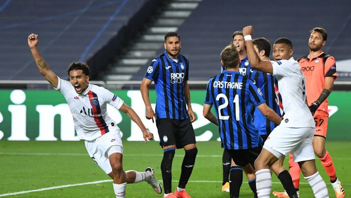 LISBON, PORTUGAL - AUGUST 12: Marquinhos of Paris Saint-Germain celebrates after scoring his team's first goal during the UEFA Champions League Quarter Final match between Atalanta and Paris Saint-Germain at Estadio do Sport Lisboa e Benfica on August 12, 2020 in Lisbon, Portugal. (Photo by David Ramos/Getty Images) LISBON, PORTUGAL - AUGUST 12: Marquinhos of Paris Saint-Germain celebrates after scoring his team's first goal during the UEFA Champions League Quarter Final match between Atalanta and Paris Saint-Germain at Estadio do Sport Lisboa e Benfica on August 12, 2020 in Lisbon, Portugal. (Photo by David Ramos/Getty Images)