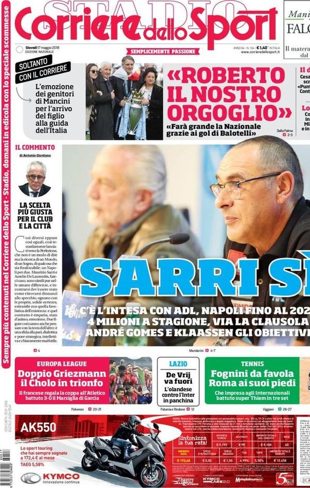 Prima Pagina, Corriere dello Sport: “Sarri sì: Napoli fino al 2021. I genitori di Mancini: ‘Farà grande la Nazionale’. Cholo in trionfo…” Prima Pagina, Corriere dello Sport: “Sarri sì: Napoli fino al 2021. I genitori di Mancini: ‘Farà grande la Nazionale’. Cholo in trionfo…”