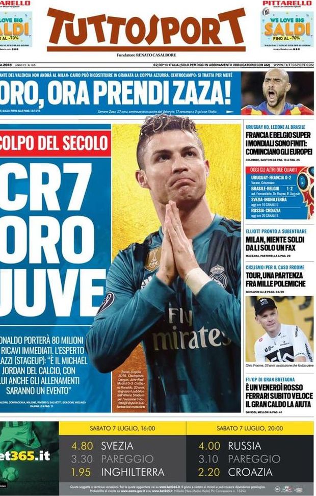 Prima Pagina, Tuttosport: “CR7 oro Juve. I Mondiali sono finiti. Milan, da Li solo un fax…” Prima Pagina, Tuttosport: “CR7 oro Juve. I Mondiali sono finiti. Milan, da Li solo un fax…”