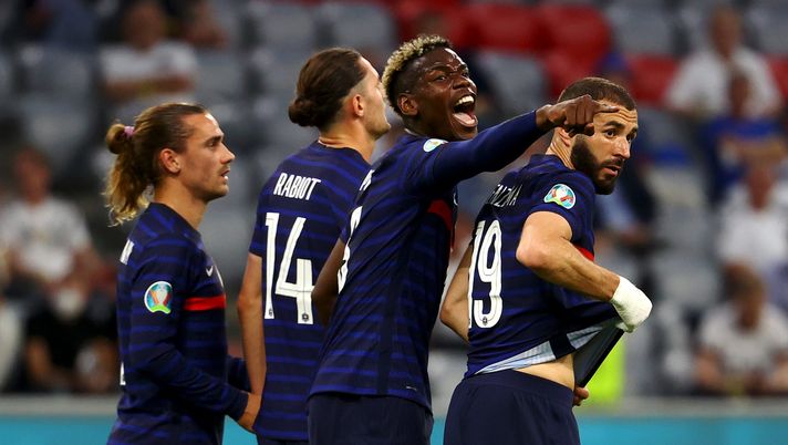 MUNICH, GERMANY - JUNE 15: Paul Pogba of France celebrates their side's first goal, an own goal by Mats Hummels of Germany (not pictured) during the UEFA Euro 2020 Championship Group F match between France and Germany at Football Arena Munich on June 15, 2021 in Munich, Germany. (Photo by Kai Pfaffenbach - Pool/Getty Images) MUNICH, GERMANY - JUNE 15: Paul Pogba of France celebrates their side's first goal, an own goal by Mats Hummels of Germany (not pictured) during the UEFA Euro 2020 Championship Group F match between France and Germany at Football Arena Munich on June 15, 2021 in Munich, Germany. (Photo by Kai Pfaffenbach - Pool/Getty Images)