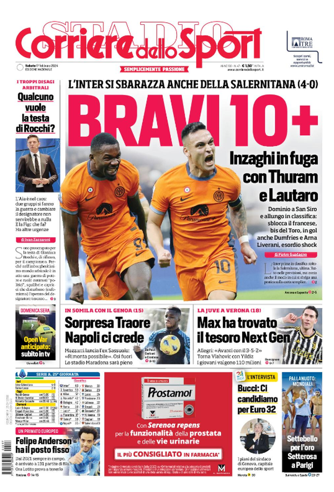 Prima Pagina Il Corriere dello Sport 17-02-2024