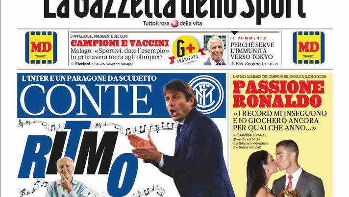 Gazzetta dello Sport, la prima pagina di oggi, lunedì 28 dicembre 2020 