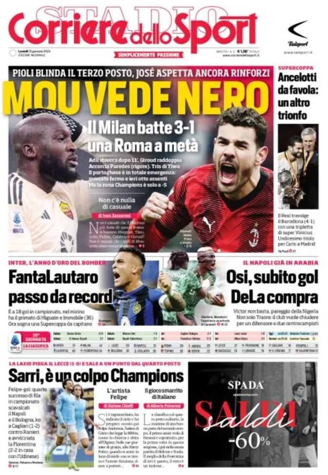 EDICOLA / CdS: Inter, Fanta-Lautaro: passo da record. Milan batte una Roma a metà - immagine 1