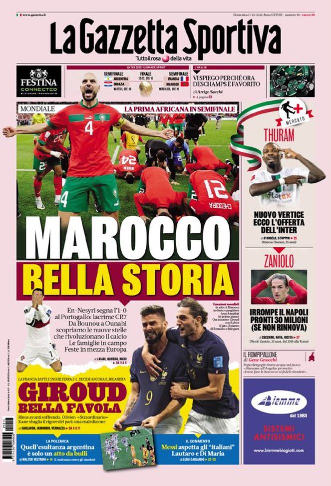 La Gazzetta dello Sport, la prima pagina di oggi, venerdì 11 dicembre 2022