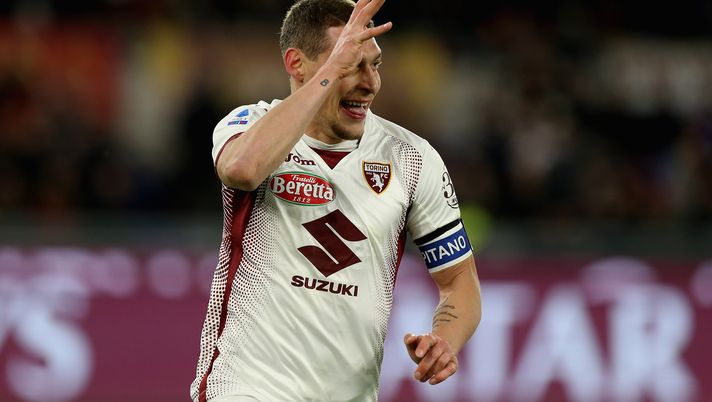 ROME, ITALY - JANUARY 05:  Andrea Belotti of Torino FC celebrates after scoring the team's second goal from penalty spot during the Serie A match between AS Roma and Torino FC at Stadio Olimpico on January 5, 2020 in Rome, Italy.  (Photo by Paolo Bruno/Getty Images) 
