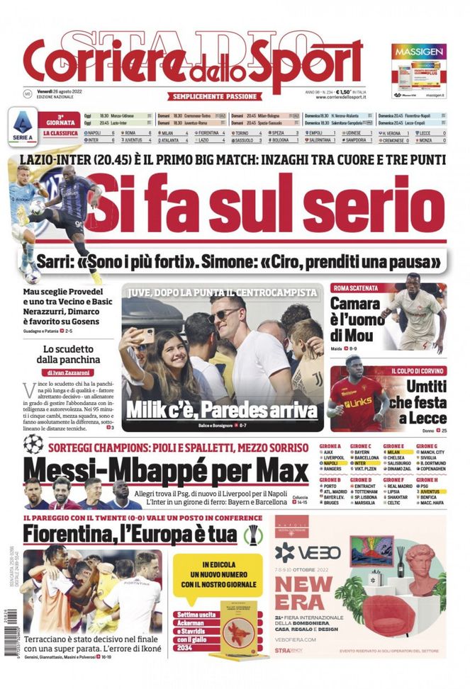 Il Corriere dello Sport, la prima pagina di oggi, venerdì 26 agosto 2022