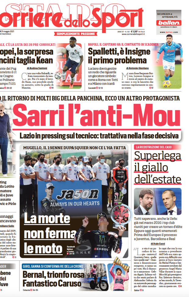 Prima Pagina, Corriere dello Sport: “Sarri l&#8217;anti Mou. Europei, Mancini taglia Kean&#8221; 