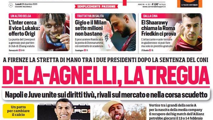 Corriere dello Sport, la prima pagina di oggi, lunedì 28 dicembre 2020 