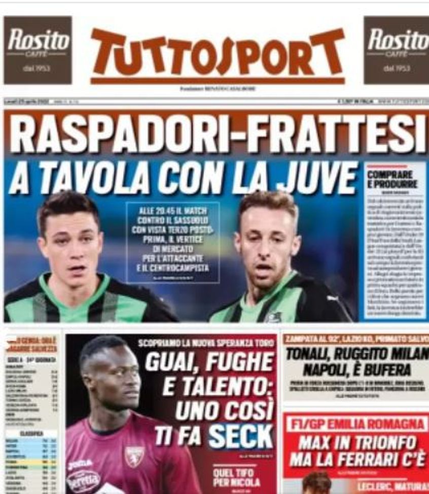 EDICOLA / TS: Raspadori-Frattesi a tavola con la Juve. Ruggito Milan - immagine 1