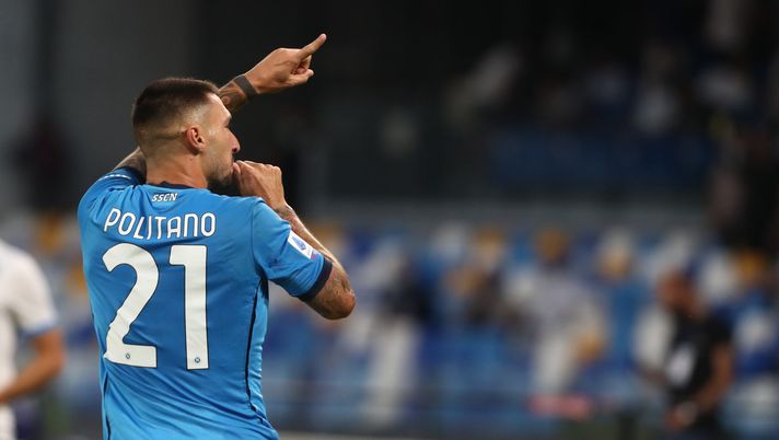 NAPLES, ITALY - SEPTEMBER 11: Matteo Politano of Napoli celebrates after scoring the equalizing goal during the Serie A match between SSC Napoli and Juventus at Stadio Diego Armando Maradona on September 11, 2021 in Naples, Italy. (Photo by Maurizio Lagana/Getty Images) 