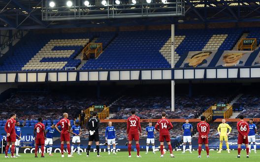 LIVERPOOL, ENGLAND - JUNE 21: 1m during the Premier League match between Everton FC and Liverpool FC at Goodison Park on June 21, 2020 in Liverpool, England. Football Stadiums around Europe remain empty due to the Coronavirus Pandemic as Government social distancing laws prohibit fans inside venues resulting in all fixtures being played behind closed doors. (Photo by Peter Powell/Pool via Getty Images) 