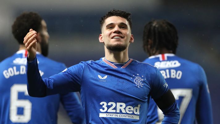 GLASGOW, SCOTLAND - FEBRUARY 03: Rangers player Ianis Hagi celebrates after scoring the opening goal during the Ladbrokes Scottish Premiership match between Rangers and St Johnstone at Ibrox Stadium on February 03, 2021 in Glasgow, Scotland. Sporting stadiums around the UK remain under strict restrictions due to the Coronavirus Pandemic as Government social distancing laws prohibit fans inside venues resulting in games being played behind closed doors. (Photo by Ian MacNicol/Getty Images) GLASGOW, SCOTLAND - FEBRUARY 03: Rangers player Ianis Hagi celebrates after scoring the opening goal during the Ladbrokes Scottish Premiership match between Rangers and St Johnstone at Ibrox Stadium on February 03, 2021 in Glasgow, Scotland. Sporting stadiums around the UK remain under strict restrictions due to the Coronavirus Pandemic as Government social distancing laws prohibit fans inside venues resulting in games being played behind closed doors. (Photo by Ian MacNicol/Getty Images)