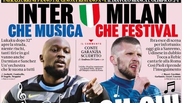 Prima Pagina, La Gazzetta dello Sport: “Volare oh oh! Inter che musica, Milan che Festival” Prima Pagina, La Gazzetta dello Sport: “Volare oh oh! Inter che musica, Milan che Festival”