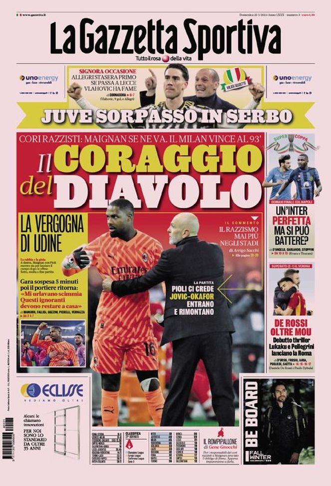 La prima pagina La Gazzetta dello Sport 21-01-2024