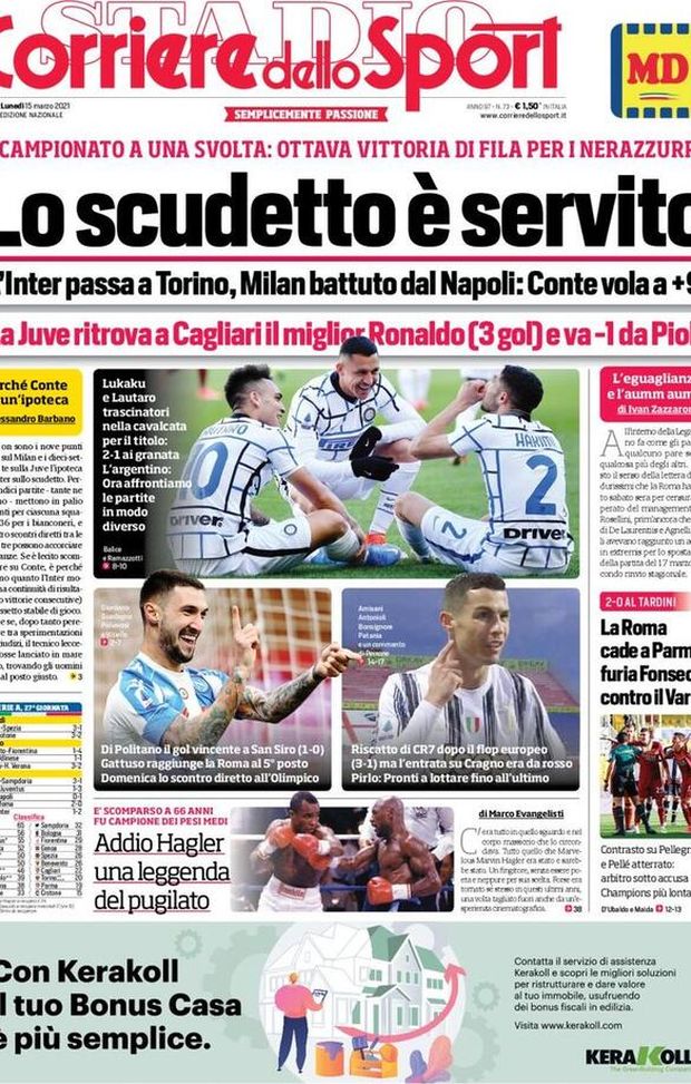 Prima Pagina, Corriere dello Sport: “Lo Scudetto è servito! L’Inter passa a Torino, Milan battuto dal Napoli: Conte vola a +9” Prima Pagina, Corriere dello Sport: “Lo Scudetto è servito! L’Inter passa a Torino, Milan battuto dal Napoli: Conte vola a +9”