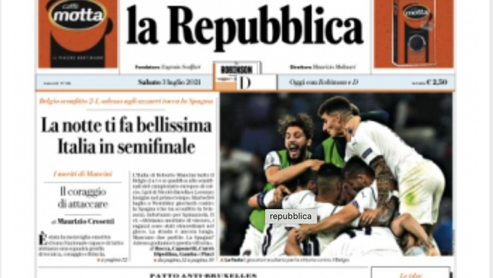 Prima Pagina, La Repubblica-Palermo: “La notte ti fa bellissima, Italia in semifinale&#8221; 