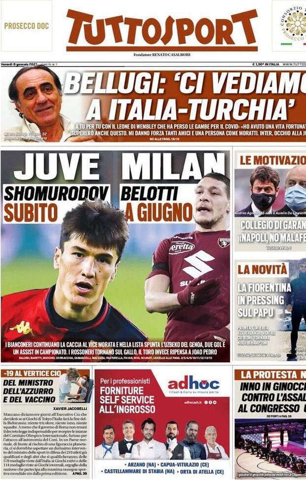 La prima pagina di Tuttosport, in edicola oggi, 8 gennaio 2021 