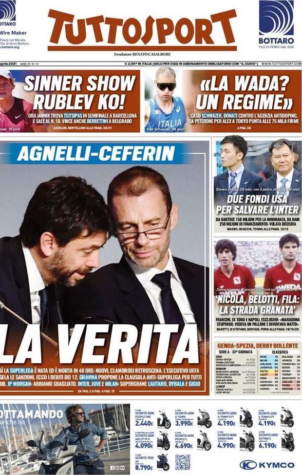 Prima Pagina, Tuttosport: “Agnelli-Ceferin, la verità! Due fondi USA per salvare l&#8217;Inter&#8221; 