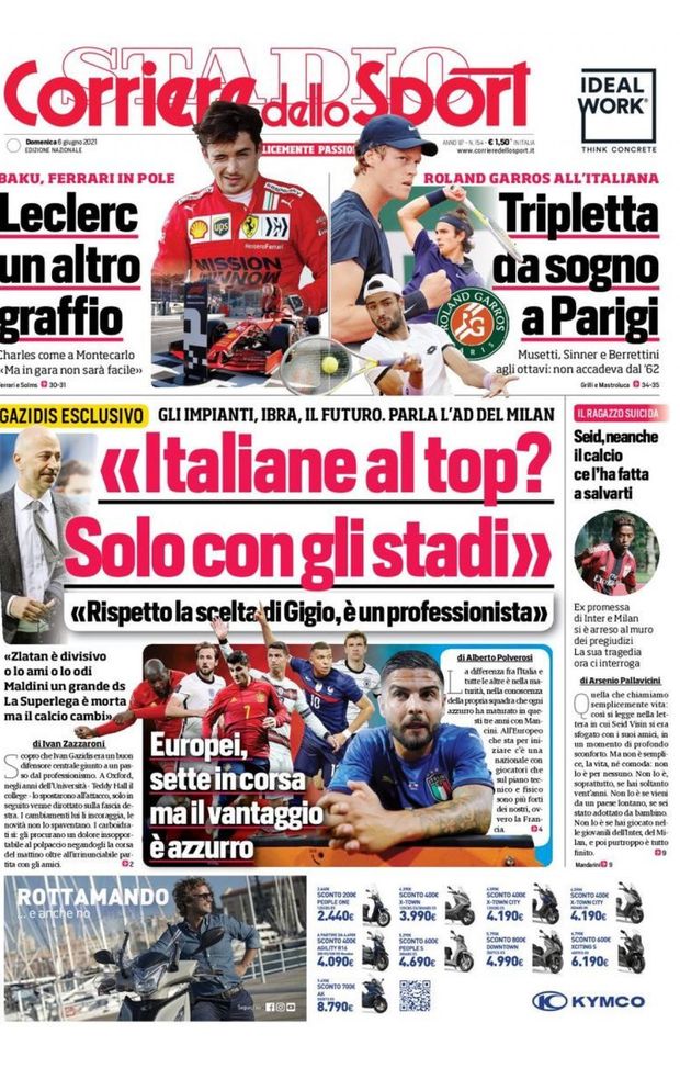 Prima Pagina, Corriere dello Sport: “Gazidis: Italiane al top? Solo con gli stadi” Prima Pagina, Corriere dello Sport: “Gazidis: Italiane al top? Solo con gli stadi”