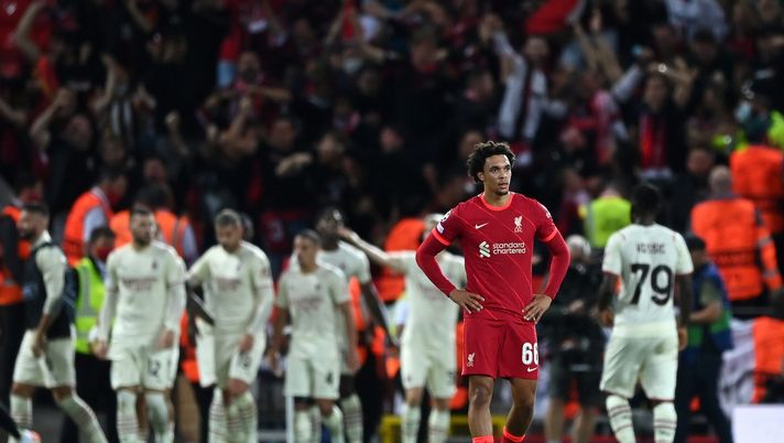 LIVERPOOL, ENGLAND - SEPTEMBER 15: Trent Alexander-Arnold of Liverpool looks dejected after their side concede a goal during the UEFA Champions League group B match between Liverpool FC and AC Milan at Anfield on September 15, 2021 in Liverpool, England. (Photo by Shaun Botterill/Getty Images) LIVERPOOL, ENGLAND - SEPTEMBER 15: Trent Alexander-Arnold of Liverpool looks dejected after their side concede a goal during the UEFA Champions League group B match between Liverpool FC and AC Milan at Anfield on September 15, 2021 in Liverpool, England. (Photo by Shaun Botterill/Getty Images)