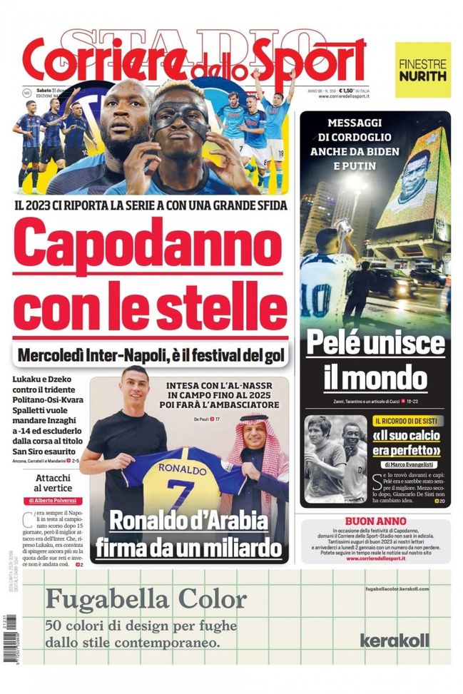 Il Corriere dello Sport, la prima pagina di oggi, sabato 31 dicembre 2022
