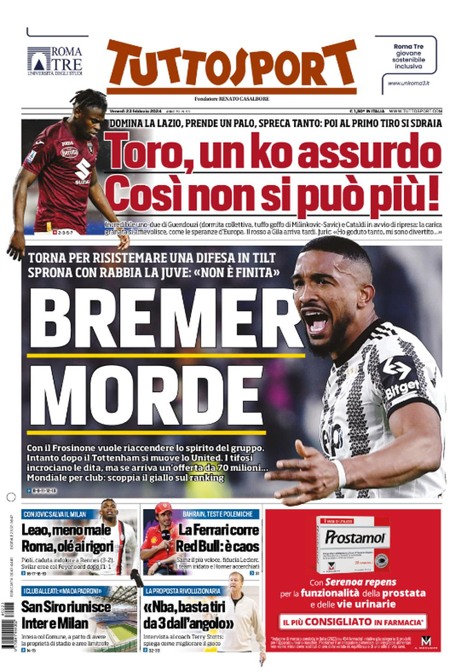 Prima Pagina Tuttosport 23-02-2024