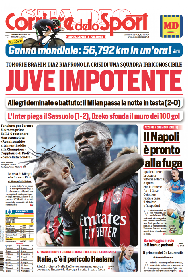 Il Corriere dello Sport, la prima pagina di oggi, domenica 9 ottobre 2022
