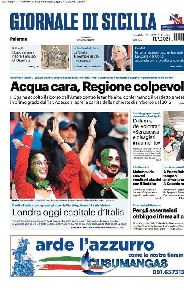 Prima Pagina, Giornale di Sicilia: “Londra oggi capitale d’Italia” Prima Pagina, Giornale di Sicilia: “Londra oggi capitale d’Italia”