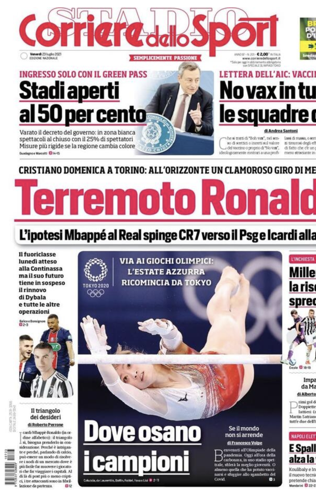 Prima Pagina, Corriere dello Sport: “Terremoto CR7. No vax nelle squadre di Serie A”  Prima Pagina, Corriere dello Sport: “Terremoto CR7. No vax nelle squadre di Serie A”