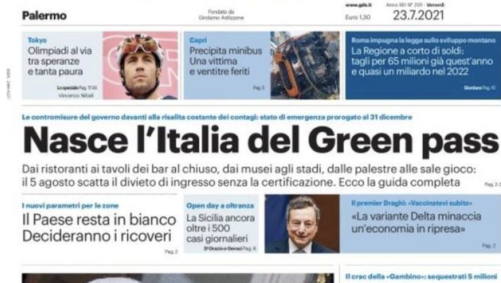 Prima Pagina, Giornale di Sicilia: “Nasce l’Italia del Green Pass”  Prima Pagina, Giornale di Sicilia: “Nasce l’Italia del Green Pass”