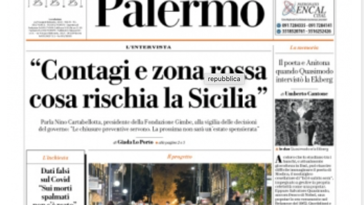 Prima Pagina, La Repubblica Palermo: “Contagi e zona rossa, cosa rischia la Sicilia” Prima Pagina, La Repubblica Palermo: “Contagi e zona rossa, cosa rischia la Sicilia”