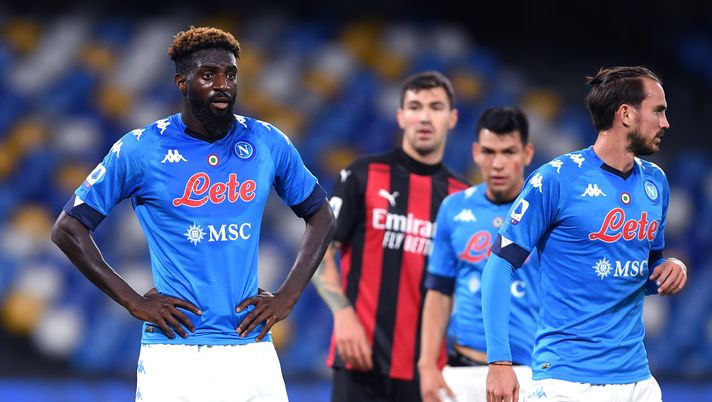 NAPLES, ITALY - NOVEMBER 22: Tiemoue Bakayoko of S.S.C. Napoli (L) looks on during the Serie A match between SSC Napoli and AC Milan at Stadio San Paolo on November 22, 2020 in Naples, Italy. Sporting stadiums around Italy remain under strict restrictions due to the Coronavirus Pandemic as Government social distancing laws prohibit fans inside venues resulting in games being played behind closed doors. (Photo by Francesco Pecoraro/Getty Images) NAPLES, ITALY - NOVEMBER 22: Tiemoue Bakayoko of S.S.C. Napoli (L) looks on during the Serie A match between SSC Napoli and AC Milan at Stadio San Paolo on November 22, 2020 in Naples, Italy. Sporting stadiums around Italy remain under strict restrictions due to the Coronavirus Pandemic as Government social distancing laws prohibit fans inside venues resulting in games being played behind closed doors. (Photo by Francesco Pecoraro/Getty Images)