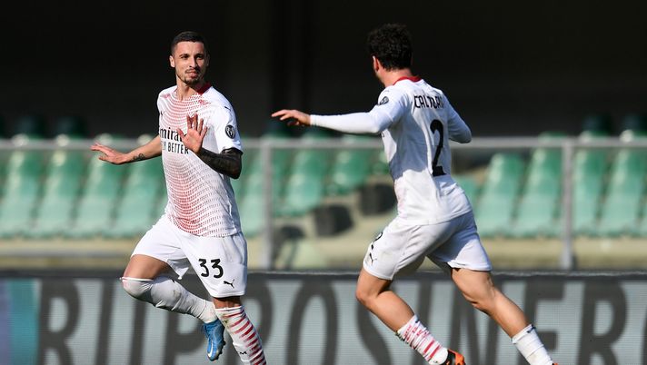 VERONA, ITALY - MARCH 07: Rade Krunic of A.C. Milan celebrates with Davide Calabria after scoring their side's first goal during the Serie A match between Hellas Verona FC and AC Milan at Stadio Marcantonio Bentegodi on March 07, 2021 in Verona, Italy. Sporting stadiums around Italy remain under strict restrictions due to the Coronavirus Pandemic as Government social distancing laws prohibit fans inside venues resulting in games being played behind closed doors. (Photo by Alessandro Sabattini/Getty Images) VERONA, ITALY - MARCH 07: Rade Krunic of A.C. Milan celebrates with Davide Calabria after scoring their side's first goal during the Serie A match between Hellas Verona FC and AC Milan at Stadio Marcantonio Bentegodi on March 07, 2021 in Verona, Italy. Sporting stadiums around Italy remain under strict restrictions due to the Coronavirus Pandemic as Government social distancing laws prohibit fans inside venues resulting in games being played behind closed doors. (Photo by Alessandro Sabattini/Getty Images)