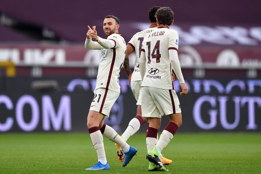  TURIN, ITALY - APRIL 18: Borja Mayoral of Roma celebrates after scoring their team's first goal during the Serie A match between Torino FC and AS Roma at Stadio Olimpico di Torino on April 18, 2021 in Turin, Italy. Sporting stadiums around Italy remain under strict restrictions due to the Coronavirus Pandemic as Government social distancing laws prohibit fans inside venues resulting in games being played behind closed doors. (Photo by Valerio Pennicino/Getty Images) 