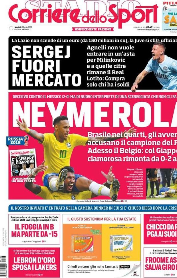 Prima Pagina, Corriere dello Sport: “Neymerola. Sergej fuori mercato. Il Foggia in B, ma parte da -15…” Prima Pagina, Corriere dello Sport: “Neymerola. Sergej fuori mercato. Il Foggia in B, ma parte da -15…”