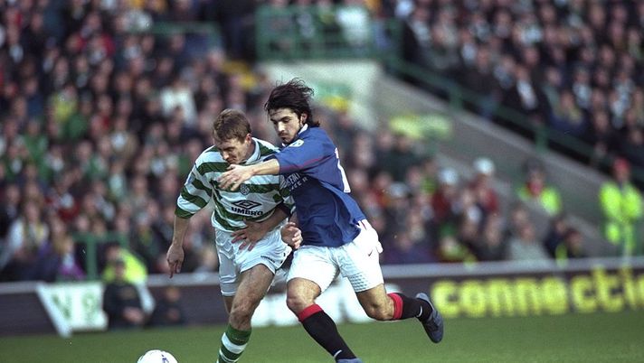 2 Jan 1998:  Marco Negri of Rangers (right) and Tom Boyd of Celtic chase the ball during the Scottish FA Premier Leauge match at Celtic Park in Glasgow, Scotland. Celtic won the match 2-0.  Mandatory Credit: Stu Forster /Allsport 