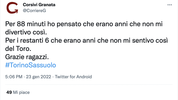 Torino-Sassuolo 1-1, le reazioni social: “Tre legni in una partita, solo noi…” - immagine 1