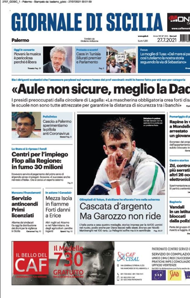 Prima Pagina, Giornale di Sicilia: “Aule non sicure, meglio la Dad” Prima Pagina, Giornale di Sicilia: “Aule non sicure, meglio la Dad”