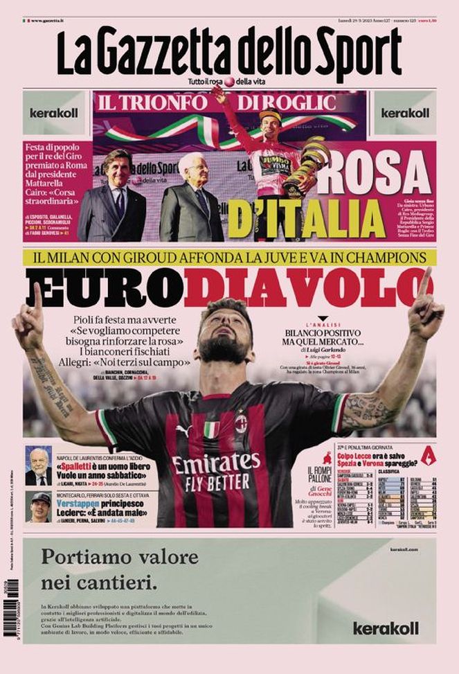 Prima Pagina Gazzetta dello Sport 29/05/2023