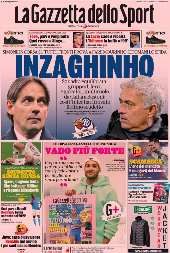 Prima Pagina, La Gazzetta dello Sport: “Kjaer stagione finita. Inzaghi sfida Mou” Prima Pagina